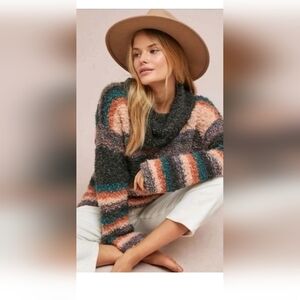 Moth Striped Cowl Neck Sweater - Gray, Teal, Peach